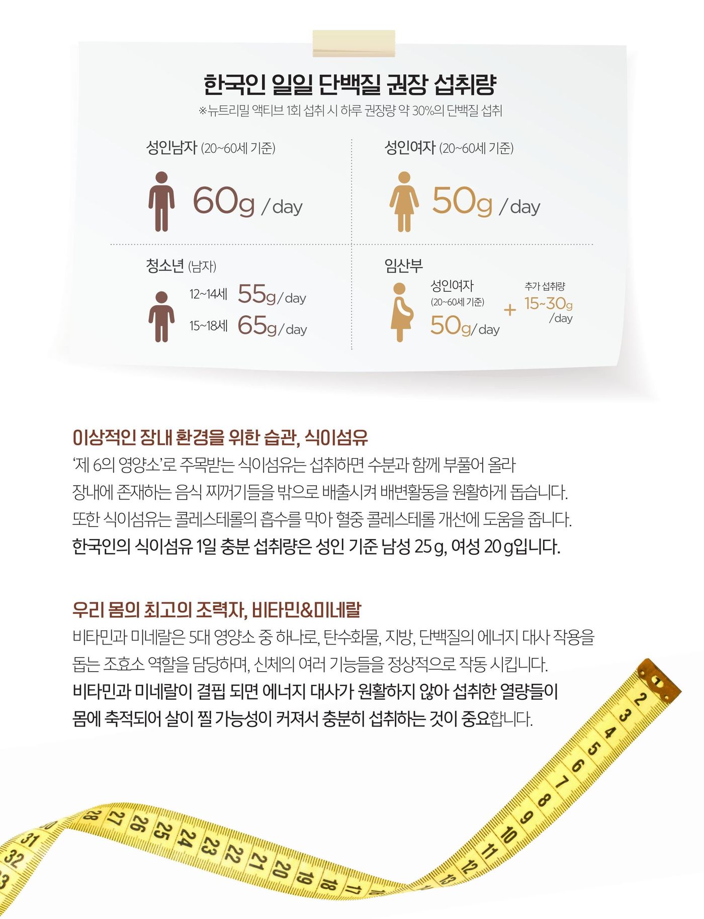 한국인 일일 단백질 권장 섭취량 — 성인남자(20~60세 기준) 60 g/day, 성인여자 50 g/day, 청소년 남자 12~14세 55 g/day · 15~18세 65 g/day, 임산부는 성인여자 50 g/day에 추가 섭취량 15~30 g/day. 뉴트리밀 액티브 1회 섭취 시 하루 권장량 약 30%의 단백질 섭취. 이상적인 장내 환경을 위한 습관, 식이섬유 — 한국인의 식이섬유 1일 충분 섭취량은 성인 기준 남성 25 g, 여성 20 g입니다. 우리 몸의 최고의 조력자, 비타민 & 미네랄.